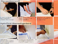 Die Montage ist denkbar einfach: Einfach Schutzstreifen vom Wannendämmprofil abziehen und von der laufenden Rolle kleben, beim Wärmedämmprofil noch Endstücke setzen – fertig. Beim „HydroDicht“-Wannen fugenband funktioniert es im Wannenbereich genauso, zusätzlich wird das Bad an der Wand verklebt und es werden zwei Endstücke am Bandende gesetzt. (Werkbild)