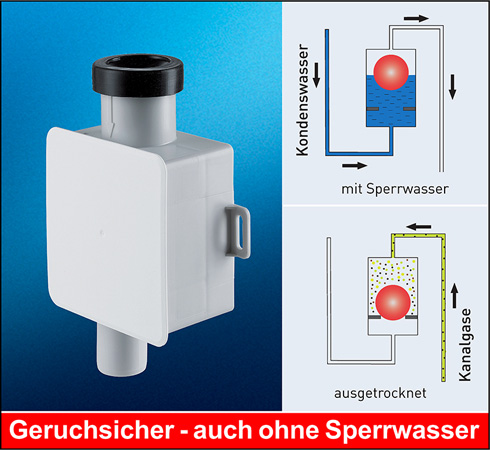 Der Kondensat-Siphon 138 hält mit und auch ohne Sperrwasser...