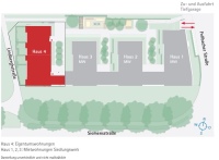 „Ein zur Straße hin geschlossener Baukörper, der sich zur Grünfläche wie ein Kamm in vier einzelne Bauelemente aufteilt“, so die Idee des neuen Wohnquartiers, welches das Stuttgarter Siedlungswerk aktuell für 17 Millionen Euro in Fellbach errichtet. <br />Grafik: Siedlungswerk<br />