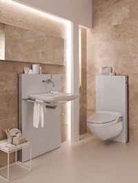 Neu zum Geberit Monolith für WC kommt jetzt das passende Sanitärmodul für den Waschtisch.