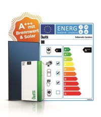 Alle Pellet-Brennwertkessel von ÖkoFEN erreichen als eine der wenigen Kessel beim Energieeffizienzlabel die Klasse A++. Im Verbund erzielt beispielsweise die Pellematic Condens mit 10 kW Leistung, 5 Pellesol-Top Solarkollektoren und einem 800 Liter Pellaqua Pufferspeicher sogar die höchste Effizienzklasse A+++.<br />Bild: ÖkoFen