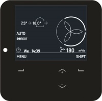 Das intuitive Display des Lüftungsgeräts Zehnder ComfoAir Q bietet eine Echtzeit-Anzeige zu allen relevanten Betriebsdaten und erhöht so die Sensibilität des Nutzers hinsichtlich Energieverbrauch und Umweltschutz. Sie kann sowohl über den klassischen 3-Stufen-Schalter als auch über eine App bedient werden und zeigt zudem rechtzeitig einen anstehenden Filterwechsel an.<br />Bilder: Zehnder Group Deutschland GmbH
