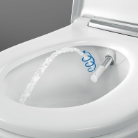Die patentierte WhirlSpray-Duschtechnologie reinigt den Intimbereich sanft und gründlich mit körperwarmem Wasser. Angenehm ist die Oszillationsfunktion, bei der sich der Duscharm sanft vor- und zurückbewegt. Neben der Stärke des Duschstrahls lassen sich auch die Position des Duscharms und die Wassertemperatur nach Wunsch einstellen. <br />Bilder: Geberit