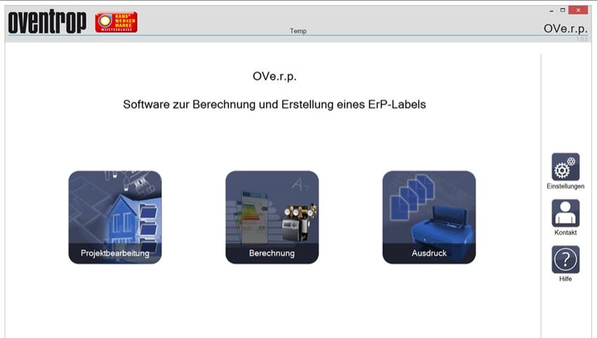 Startbildschirm der Oventrop ErP-Software.