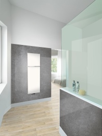 Zehnder Fina Lean Bar überzeugt mit einer besonders schlanken Frontfläche in puristischem Design und glänzt als optischer Blickfang in jedem modernen Badezimmer-Style. Das neue HeizkörperModell integriert sich mit seiner klaren und reduzierten Form harmonisch in jede moderne Badezimmer-Architektur. Der neue Bad-Heizkörper Zehnder Fina Lean Bar ist im Warmwasserbetrieb in nahezu allen Farben der Zehnder Farbkarte ab sofort erhältlich. <br />Bild: Zehnder