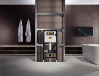 Mehr Gestaltungsfreiheit bei einfacherer Montage – dieses Entwicklungsziel hat Viega mit dem modular aufgebauten Vorwandsystem „Viega Prevista“ auf jeden Fall erreicht, bestätigen Fachhandwerker nach den ersten Praxiserfahrungen. Hier ein frei als „Raumteiler“ konzipiertes WC-Element.