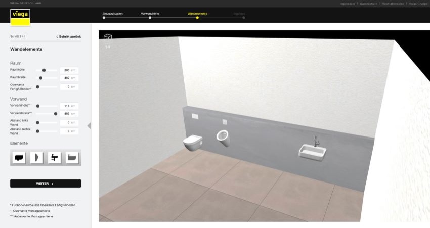 Die Badplanung ist in 3D mit dem Viega-Onlinetool perspektivisch...