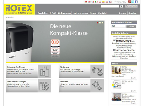 Der neue Internetauftritt von ROTEX ist übersichtlich...
