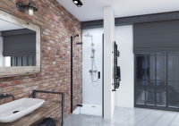 Ein schicker Duschbereich ohne großen Aufwand – das gelingt mit den DecoMotion Rückwänden von Duschwelten, etwa im Steindekor für den urbanen Stil.<br />Bild: Duschwelten
