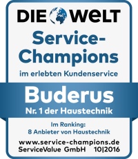 Ergebnis von Deutschlands größtem Service-Ranking: Buderus ist Service-Champion 2016 und die Nummer 1 der Branche „Haustechnik“. Der Systemspezialist erhält dafür das Service-Champions-Gütesiegel.<br />Bild: ServiceValue GmbH