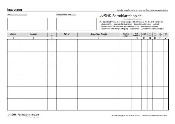 Auf dem Formblatt „Telefonliste“ von SHK-Formblattshop.de...