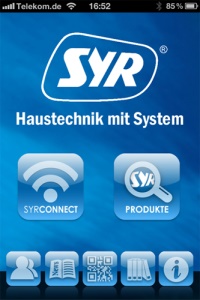 Die SYR App überzeugt durch ein klar strukturiertes Menü mit den zwei Hauptfeldern „Connect“ und „Produkte“. Dazu gibt es einen Direktzugriff auf die weiteren Funktionen wie Barcode-Scanner oder Mediathek.  
