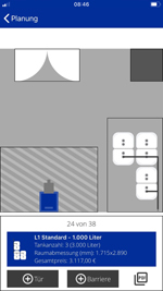 Heizöltank-Planung leicht gemacht: Mit dem neuen Planungstool von Schütz wird automatisch der passende Tanktyp ermittelt. Türen und Barrieren inkl. der notwendigen Sicherheitsabstände (schwarze Umrahmungen) können einfach hinzugefügt und im virtuellen Raum verschoben werden. 