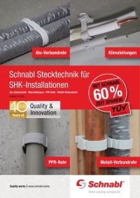 Die Broschüre „Schnabl Stecktechnik für SHK-Installationen“ mit allen Produkt- und Systemlösungen sowie Detailinformationen für den SHK-Bereich kann bei Schnabl kostenlos über das Kontaktformular auf der Homepage angefordert oder im Download-Bereich heruntergeladen werden: <a href="https://www.schnabl.works/de/home/"target"=_blank">www.schnabl.works/de</a>