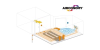 Schematische Darstellung des neuen Airconomy 4-Leiter Systems: Es nutzt erstmals zwei Heizkreisverteiler zeitgleich für die Regulierung eines Heizkreises. Das Airconomy Systemmodul temperiert die Luft vor: Im Ergebnis ist die erzielte Kühl- bzw. Heizlast höher als bei einer konventionellen Flächenheizung.