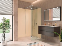 Kleine Badezimmer sind ein Fall für die Artweger ZERO Walk In VARIO. Sie kombiniert ein fixes Glasteil mit einem 360° beweglichen Glasteil, das sich um 180° nach innen und 180° nach außen wegschwenken lässt. Das bedeutet freien Zugang zum offenen Duschplatz auch in beengten Situationen.<br />Bild: Artweger