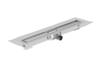 Duschrinne ACO ShowerDrain C (hier ohne Rost), Variante mit umlaufendem Flansch und Dichtmanschette, Sperrwasserhöhe 50 mm. 