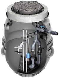 Die neue Fertigpumpstation ACO Powerlift-P in der Ausführung Belastungsklasse B 125 (Auftriebssicherheit bei Grundwasserständen von bis zu 0,5 m unter der Geländeoberfläche).