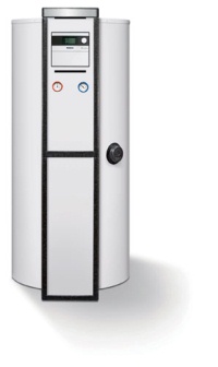 Designprodukt: Der bivalente<br />Warmwasser-Solarspeicher<br />Logalux SMS300 E beinhaltet die<br />Solar-Komplettstation Logasol KS<br />und auf Wunsch auch die Regelung<br />Logamatic SC20. Bild: Buderus
