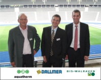Berlin war eine Reise wert: Über den Erfolg des gemeinsamen Brandschutz-Seminars im Olympiastadion freuen sich (v.l.) die Referenten Thomas Wacker (aquatherm), Jens Göke (Dallmer) und Kai Schnippe (BIS Walraven). Foto: Dallmer