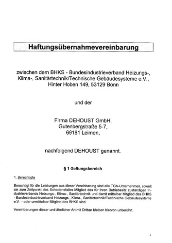 DEHOUST Haftungsübernahmevereinbarung mit dem BHKS...