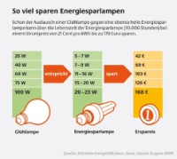 Einsparmöglichkeiten mit Energiesparlampen. Grafik: dena