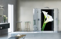 Duschkabine JOSEPHINE von glassdouche, Breite 200 cm, Tiefe 90 cm, Höhe 200 cm, mit Duschrückwand HELENE von glassdouche, Designmotiv Doublecalla.<br />Bild: glassdouche