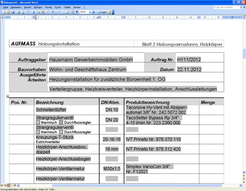 Die editierbaren Aufmaß-Formblätter von SHK-Formblattshop.de...