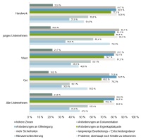 Die Anforderungen an die Dokumentation von Vorhaben sowie an die Offenlegung von Geschäftszahlen und -strategien führen alle Unternehmensgruppen ähnlich häufig als Erschwernisgrund an. Allein im Handwerk kritisieren dies 81,7 Prozent der Befragten. Grafik: KfW