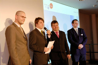Die Gewinner des proKlima-Sonderpeises(von li nach re): Sandro Mainusch, TimberTower GmbH i.G., Holger Giebel, TimberTower GmbH i.G., Christoph Dannowski, Gregor Prass, TimberTower GmbH i.G. Foto: hannoverimpuls.