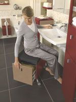 Der fahrbare Trolley kann als Sitzbank und Waschtischunterschrank.......