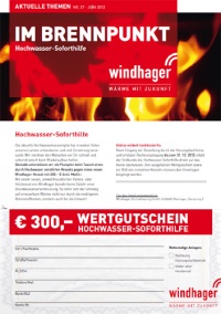 Windhager unterstützt die Flutopfer beim Tausch eines durch Hochwasser zerstörten Kessels gegen einen neuen Windhager-Kessel mit <br />300,– € (inkl. MwSt.). Bild: Windhager