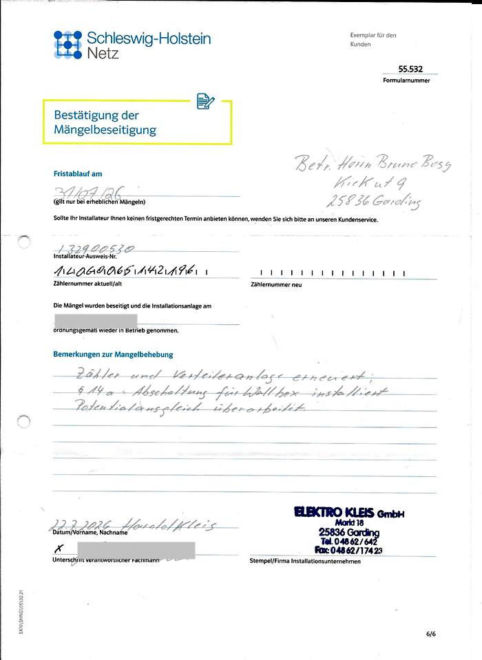 Bestätigung der Mängelbeseitigung durch den verantwortlichen Fachmann des Installationsunternehmens