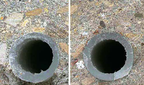 Abb. 3. Estrichgefüge: links ohne Zusatzmittel, rechts mit Zusatzmittel.