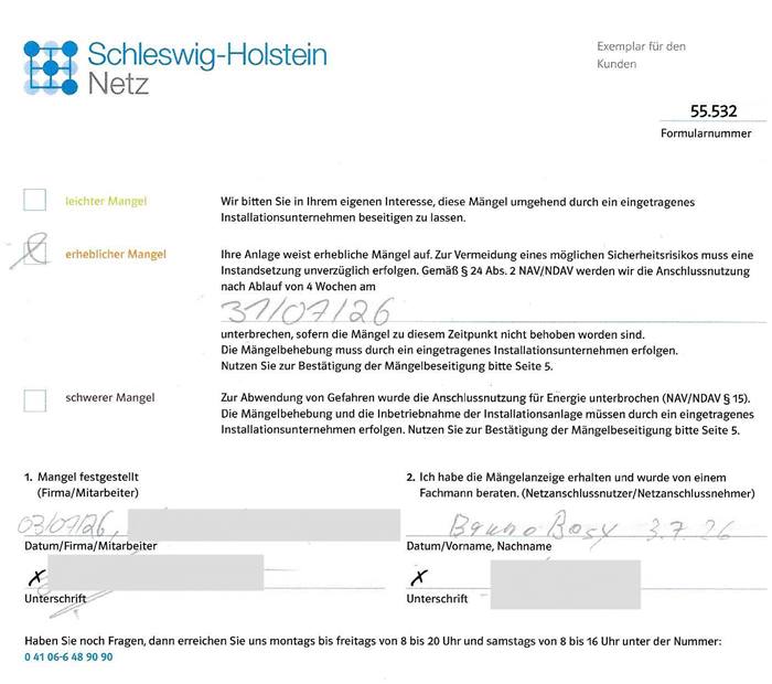 Mängelanzeige wegen steuerbare Verbrauchseinrichtung (Wallbox) in nicht mehr zulässiger Elektroinstallation (Bj. 1979)