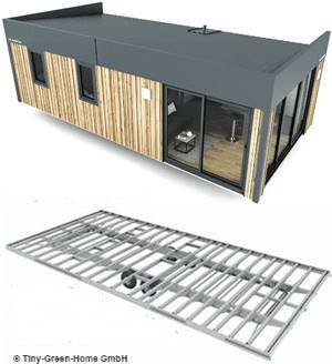 Modulaufbau eines Tiny-Hauses auf einem Trailer- Bodenplatte- Innenwände- Einrichtung- Außenwände- Dach